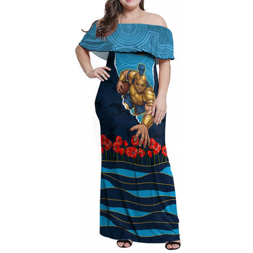 Personalized Gold Coast Titans ANZAC Tribute Family Matching Off Shoulder Maxi Dress and Hawaiian Shirt Poppy Field Soldier Silhouette Aboriginal Rugby Mascot
