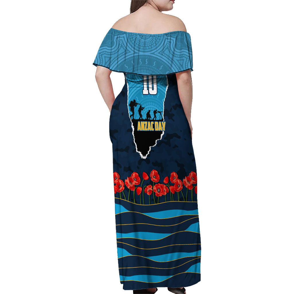 Personalized Gold Coast Titans ANZAC Tribute Family Matching Off Shoulder Maxi Dress and Hawaiian Shirt Poppy Field Soldier Silhouette Aboriginal Rugby Mascot