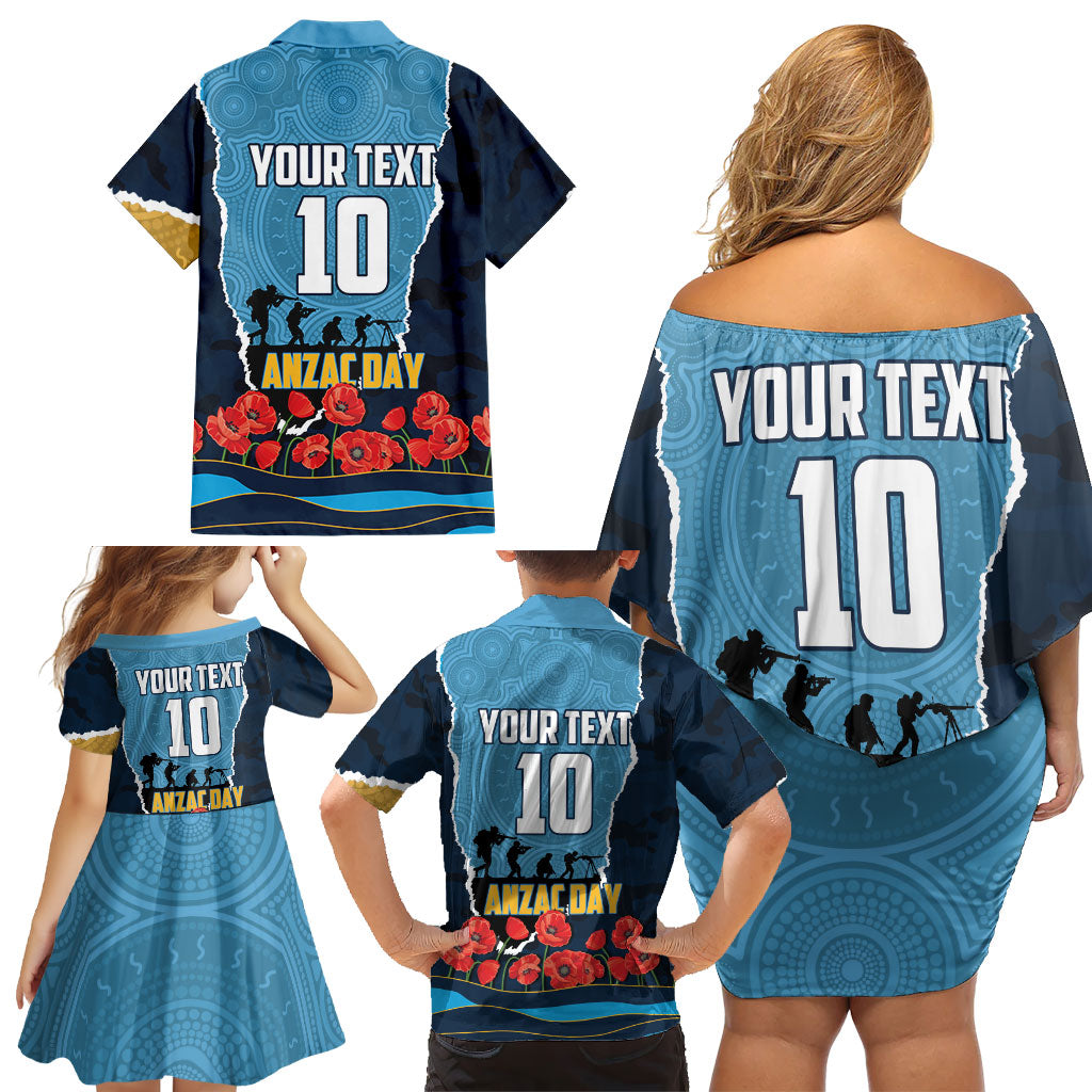 Personalized Gold Coast Titans ANZAC Tribute Family Matching Off Shoulder Short Dress and Hawaiian Shirt Poppy Field Soldier Silhouette Aboriginal Rugby Mascot