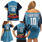 Personalized Gold Coast Titans ANZAC Tribute Family Matching Off Shoulder Short Dress and Hawaiian Shirt Poppy Field Soldier Silhouette Aboriginal Rugby Mascot