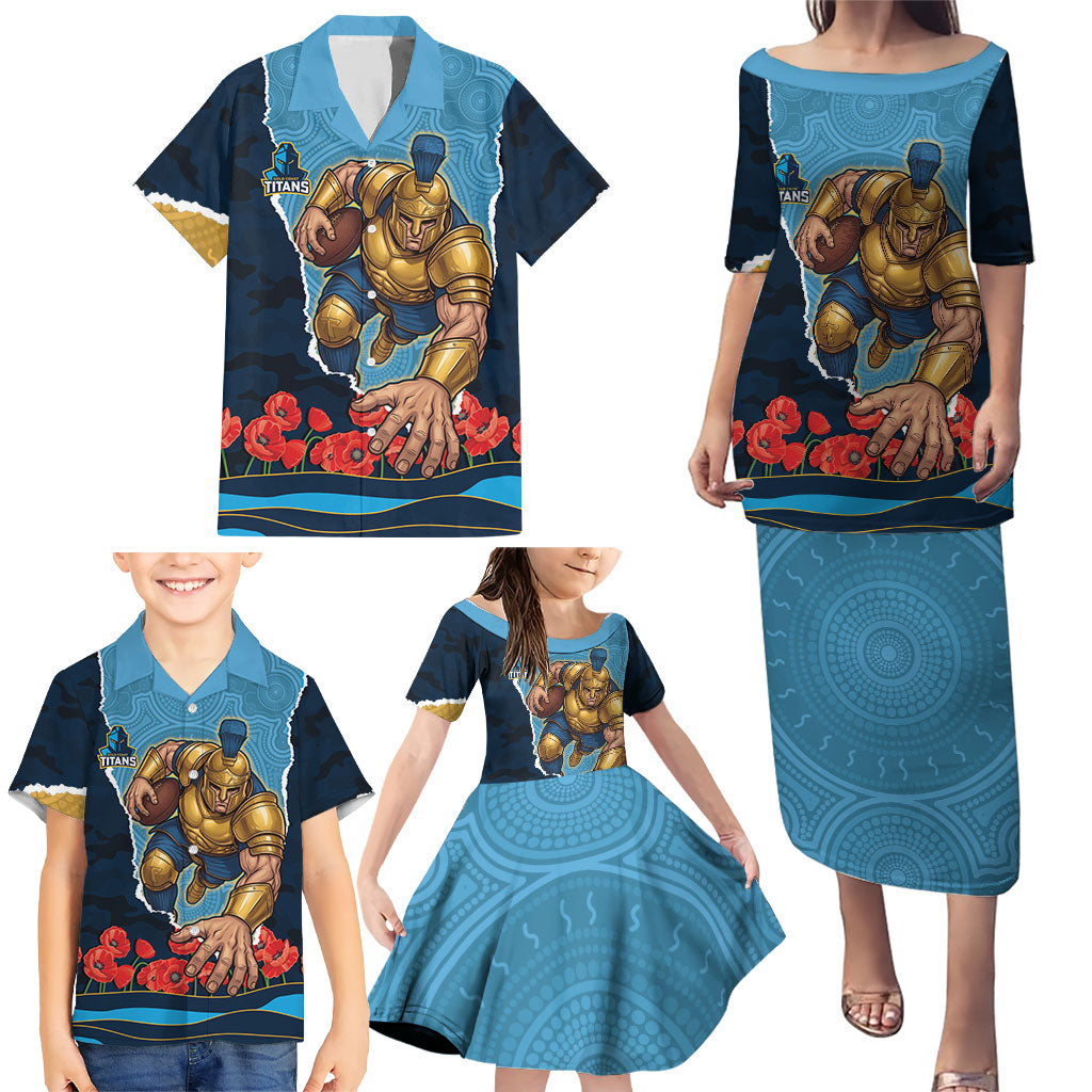 Personalized Gold Coast Titans ANZAC Tribute Family Matching Puletasi and Hawaiian Shirt Poppy Field Soldier Silhouette Aboriginal Rugby Mascot