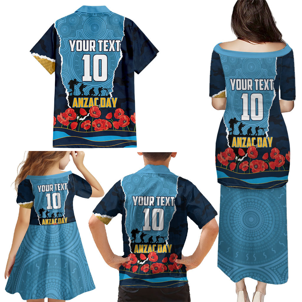 Personalized Gold Coast Titans ANZAC Tribute Family Matching Puletasi and Hawaiian Shirt Poppy Field Soldier Silhouette Aboriginal Rugby Mascot