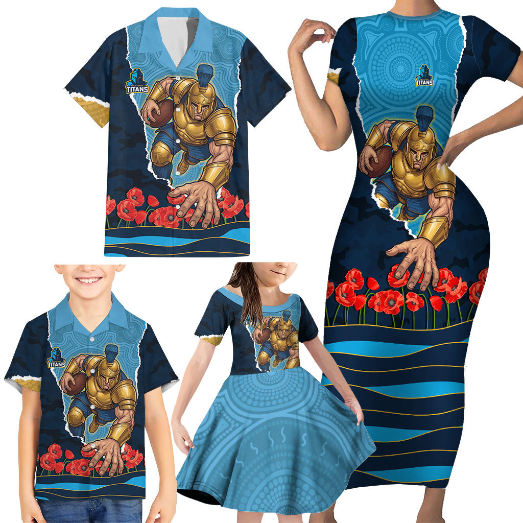 Personalized Gold Coast Titans ANZAC Tribute Family Matching Short Sleeve Bodycon Dress and Hawaiian Shirt Poppy Field Soldier Silhouette Aboriginal Rugby Mascot