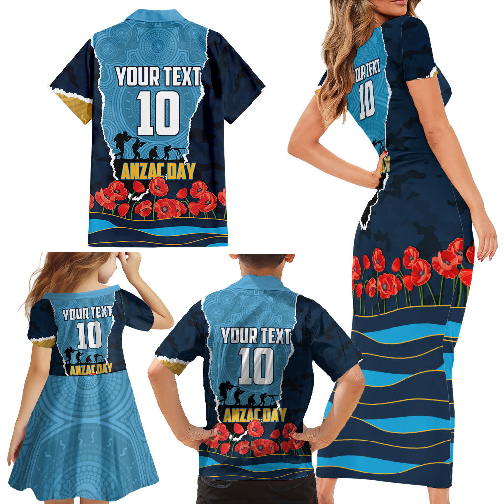Personalized Gold Coast Titans ANZAC Tribute Family Matching Short Sleeve Bodycon Dress and Hawaiian Shirt Poppy Field Soldier Silhouette Aboriginal Rugby Mascot
