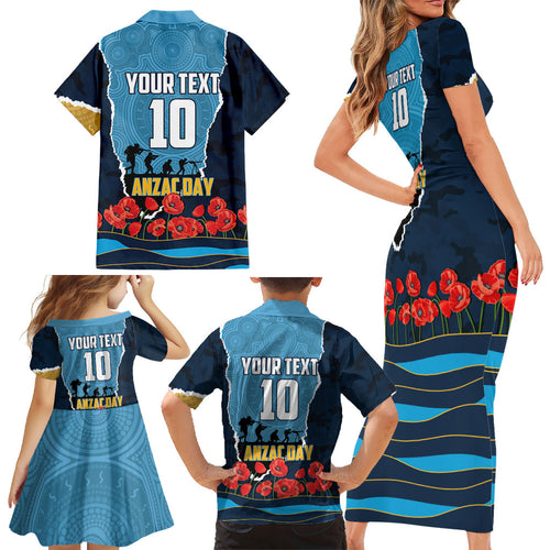 Personalized Gold Coast Titans ANZAC Tribute Family Matching Short Sleeve Bodycon Dress and Hawaiian Shirt Poppy Field Soldier Silhouette Aboriginal Rugby Mascot