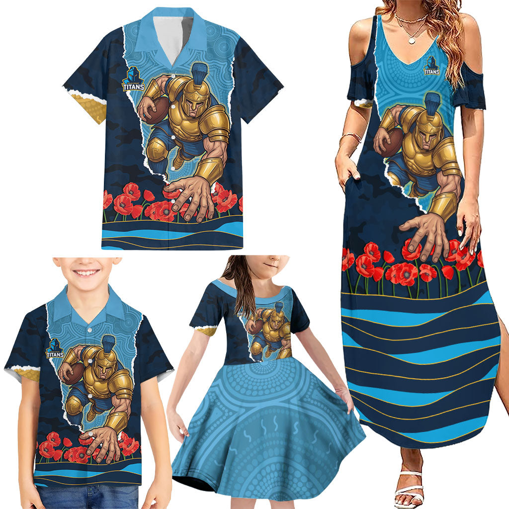 Personalized Gold Coast Titans ANZAC Tribute Family Matching Summer Maxi Dress and Hawaiian Shirt Poppy Field Soldier Silhouette Aboriginal Rugby Mascot