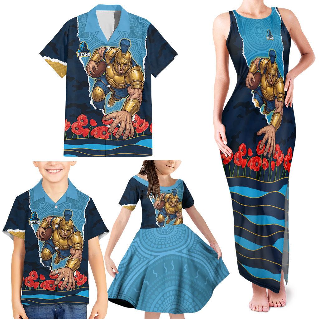 Personalized Gold Coast Titans ANZAC Tribute Family Matching Tank Maxi Dress and Hawaiian Shirt Poppy Field Soldier Silhouette Aboriginal Rugby Mascot