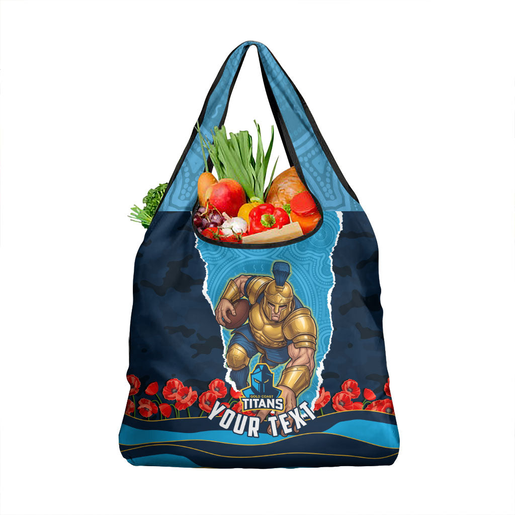 Personalized Gold Coast Titans ANZAC Tribute Grocery Bag Poppy Field Soldier Silhouette Aboriginal Rugby Mascot