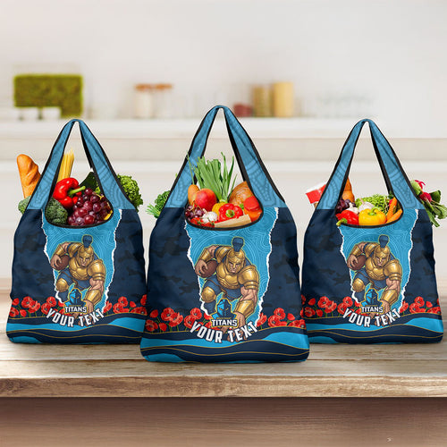 Personalized Gold Coast Titans ANZAC Tribute Grocery Bag Poppy Field Soldier Silhouette Aboriginal Rugby Mascot