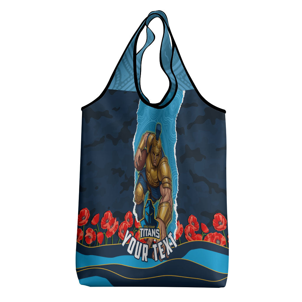 Personalized Gold Coast Titans ANZAC Tribute Grocery Bag Poppy Field Soldier Silhouette Aboriginal Rugby Mascot