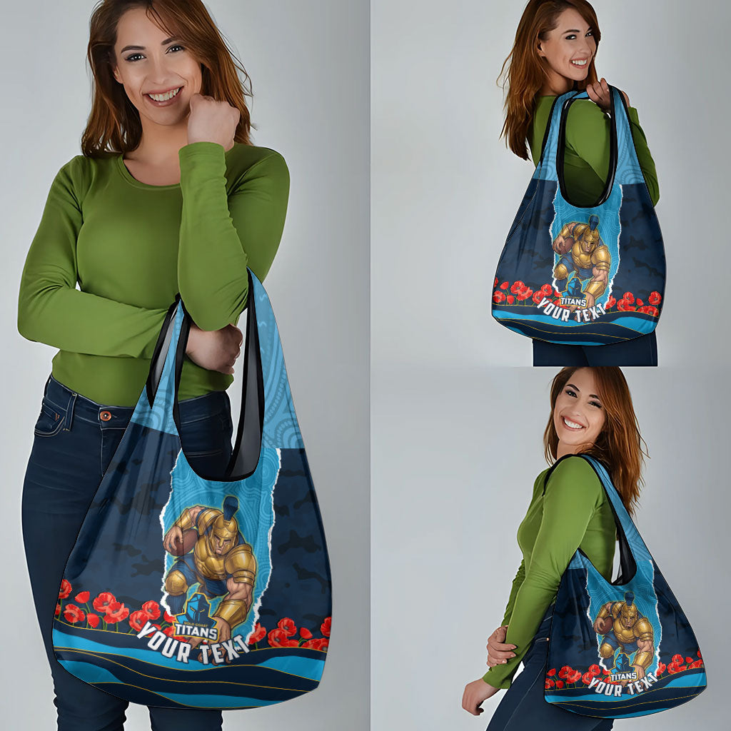 Personalized Gold Coast Titans ANZAC Tribute Grocery Bag Poppy Field Soldier Silhouette Aboriginal Rugby Mascot