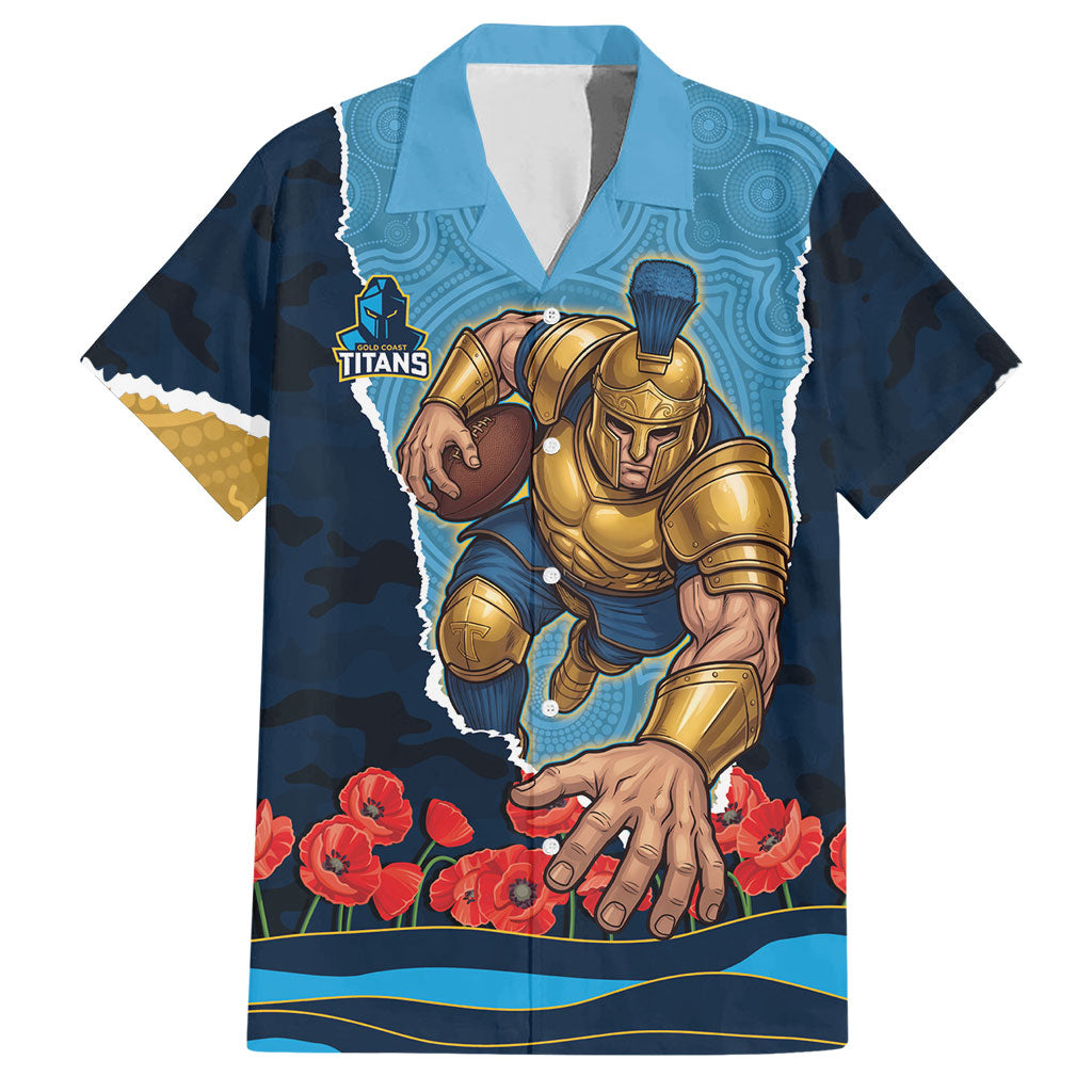 Personalized Gold Coast Titans ANZAC Tribute Hawaiian Shirt Poppy Field Soldier Silhouette Aboriginal Rugby Mascot