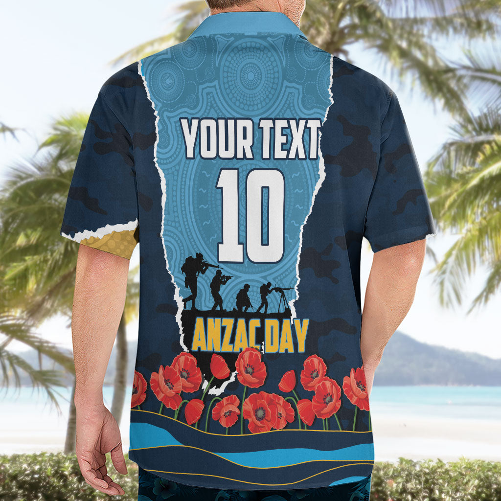 Personalized Gold Coast Titans ANZAC Tribute Hawaiian Shirt Poppy Field Soldier Silhouette Aboriginal Rugby Mascot