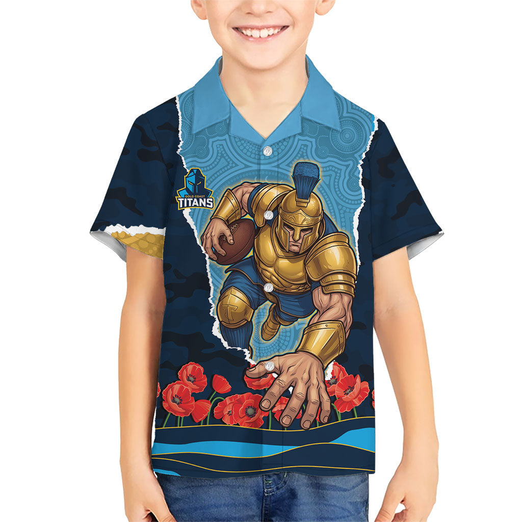 Personalized Gold Coast Titans ANZAC Tribute Hawaiian Shirt Poppy Field Soldier Silhouette Aboriginal Rugby Mascot