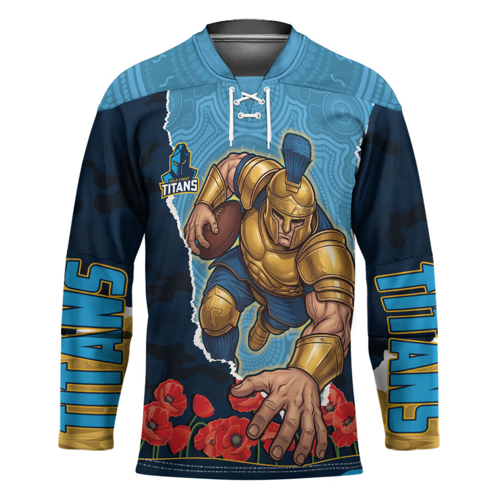 Personalized Gold Coast Titans ANZAC Tribute Hockey Jersey Poppy Field Soldier Silhouette Aboriginal Rugby Mascot