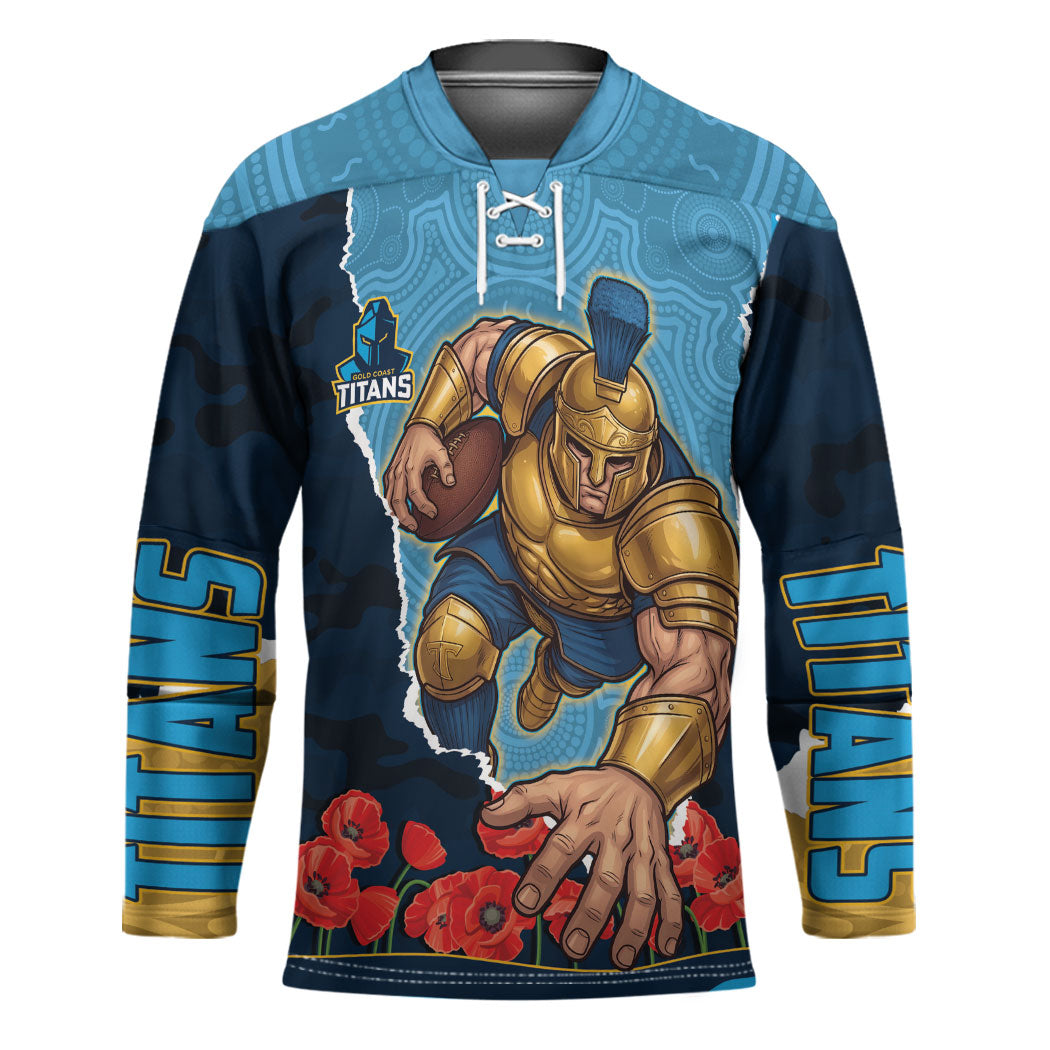 Personalized Gold Coast Titans ANZAC Tribute Hockey Jersey Poppy Field Soldier Silhouette Aboriginal Rugby Mascot