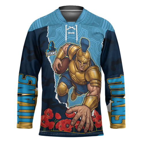 Personalized Gold Coast Titans ANZAC Tribute Hockey Jersey Poppy Field Soldier Silhouette Aboriginal Rugby Mascot