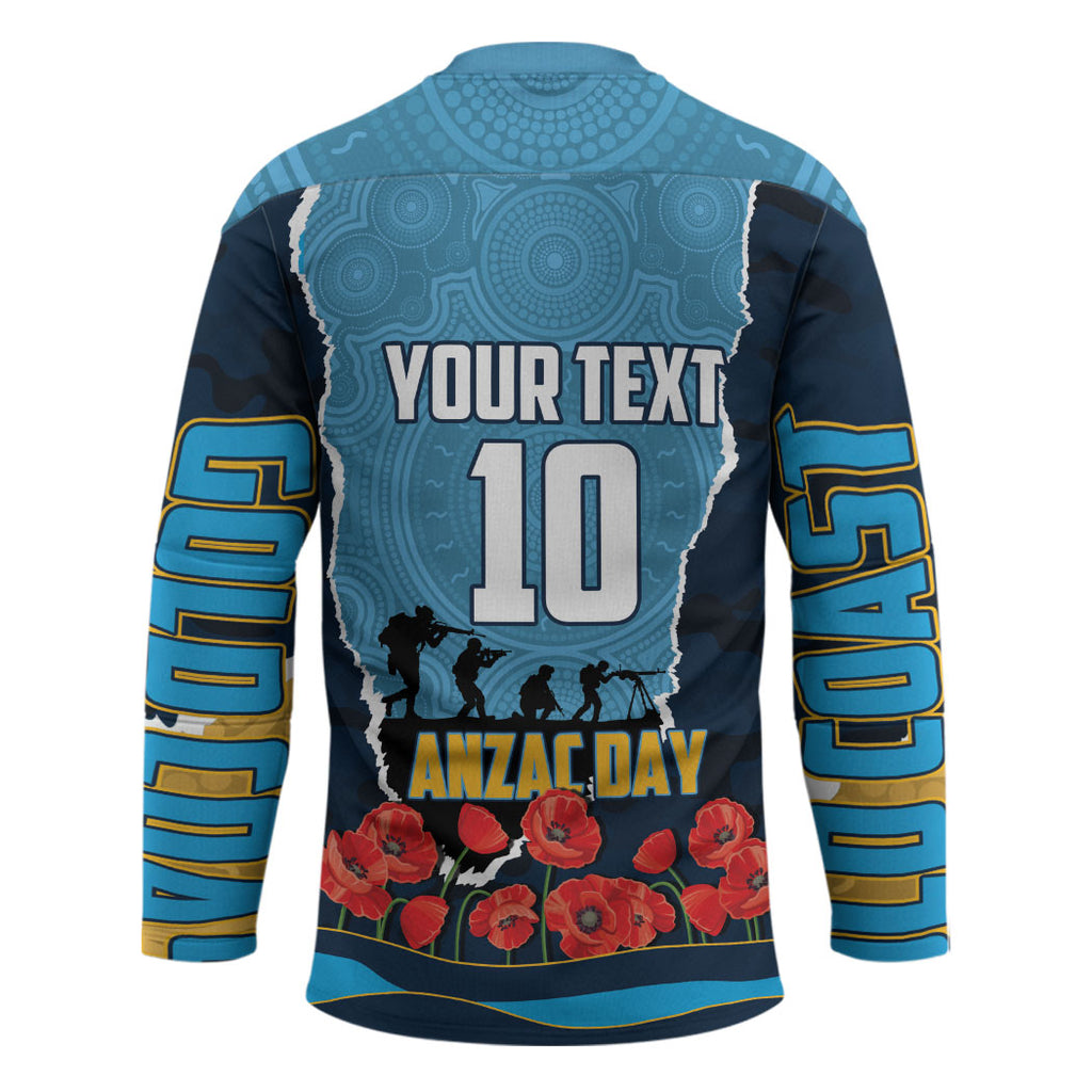 Personalized Gold Coast Titans ANZAC Tribute Hockey Jersey Poppy Field Soldier Silhouette Aboriginal Rugby Mascot