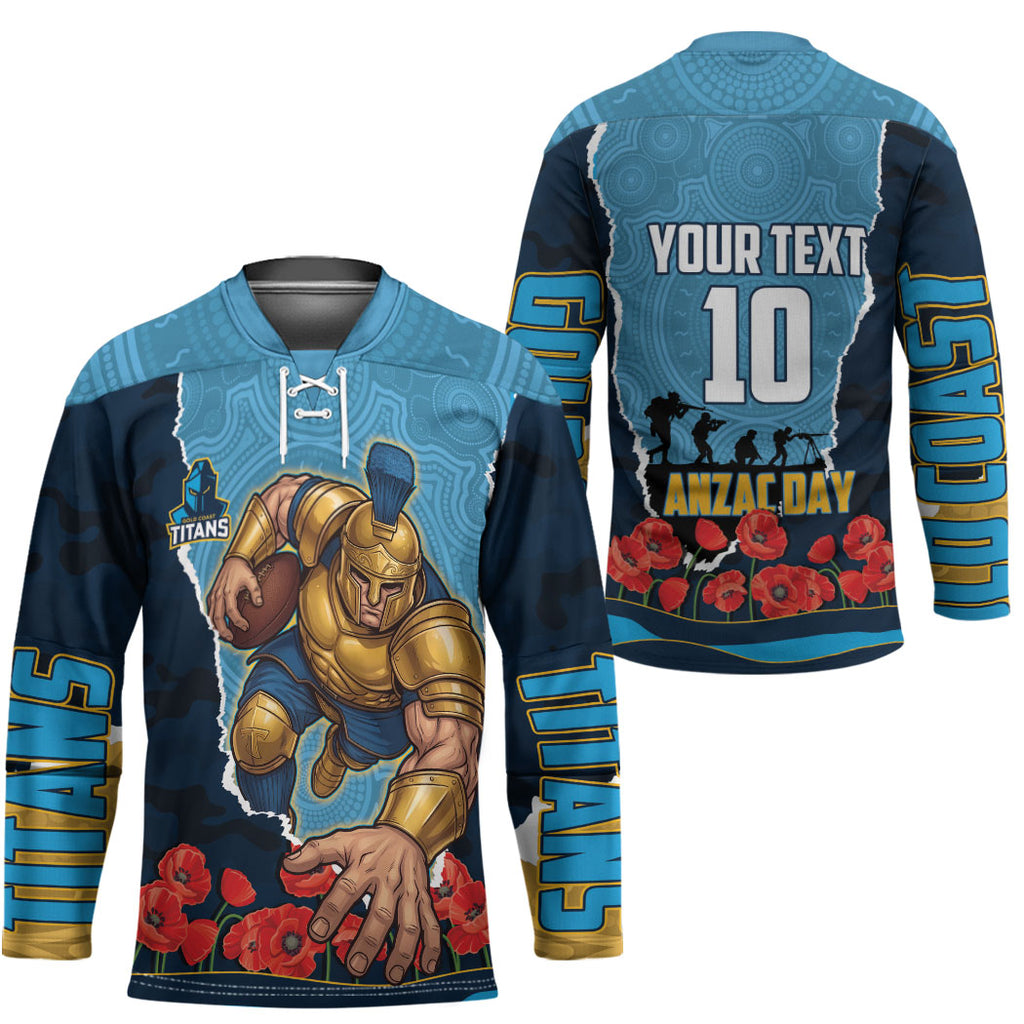 Personalized Gold Coast Titans ANZAC Tribute Hockey Jersey Poppy Field Soldier Silhouette Aboriginal Rugby Mascot