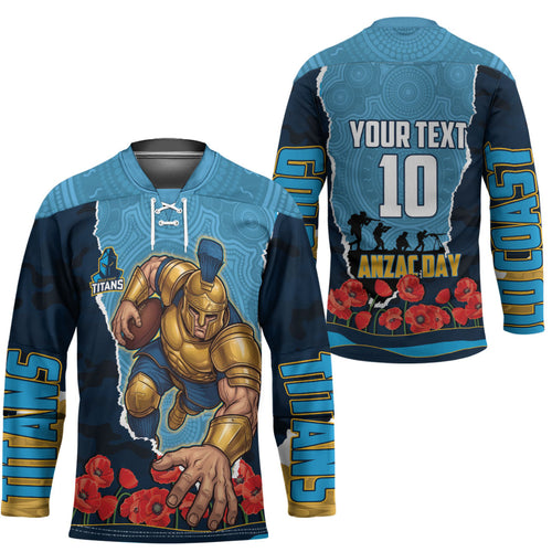 Personalized Gold Coast Titans ANZAC Tribute Hockey Jersey Poppy Field Soldier Silhouette Aboriginal Rugby Mascot