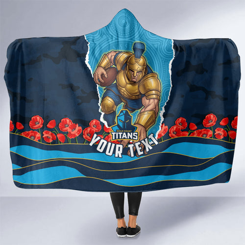 Personalized Gold Coast Titans ANZAC Tribute Hooded Blanket Poppy Field Soldier Silhouette Aboriginal Rugby Mascot