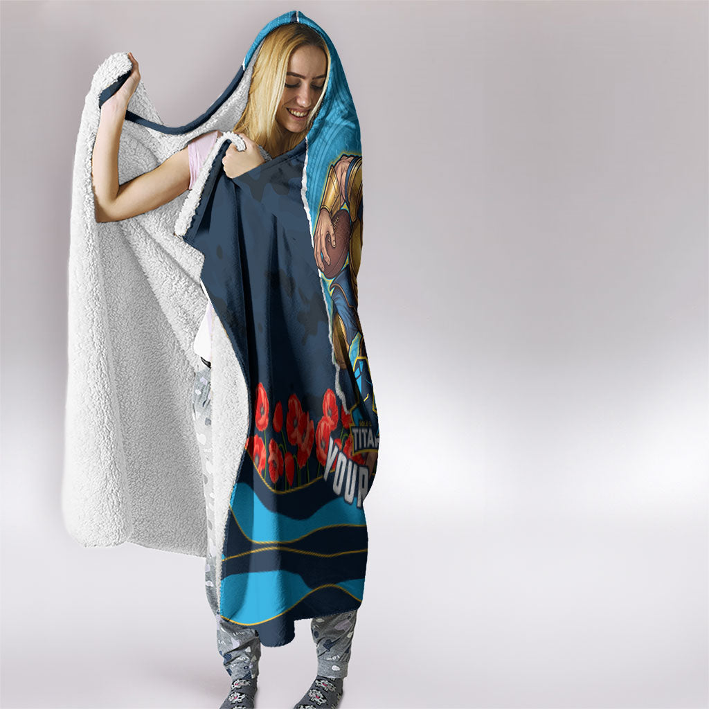 Personalized Gold Coast Titans ANZAC Tribute Hooded Blanket Poppy Field Soldier Silhouette Aboriginal Rugby Mascot