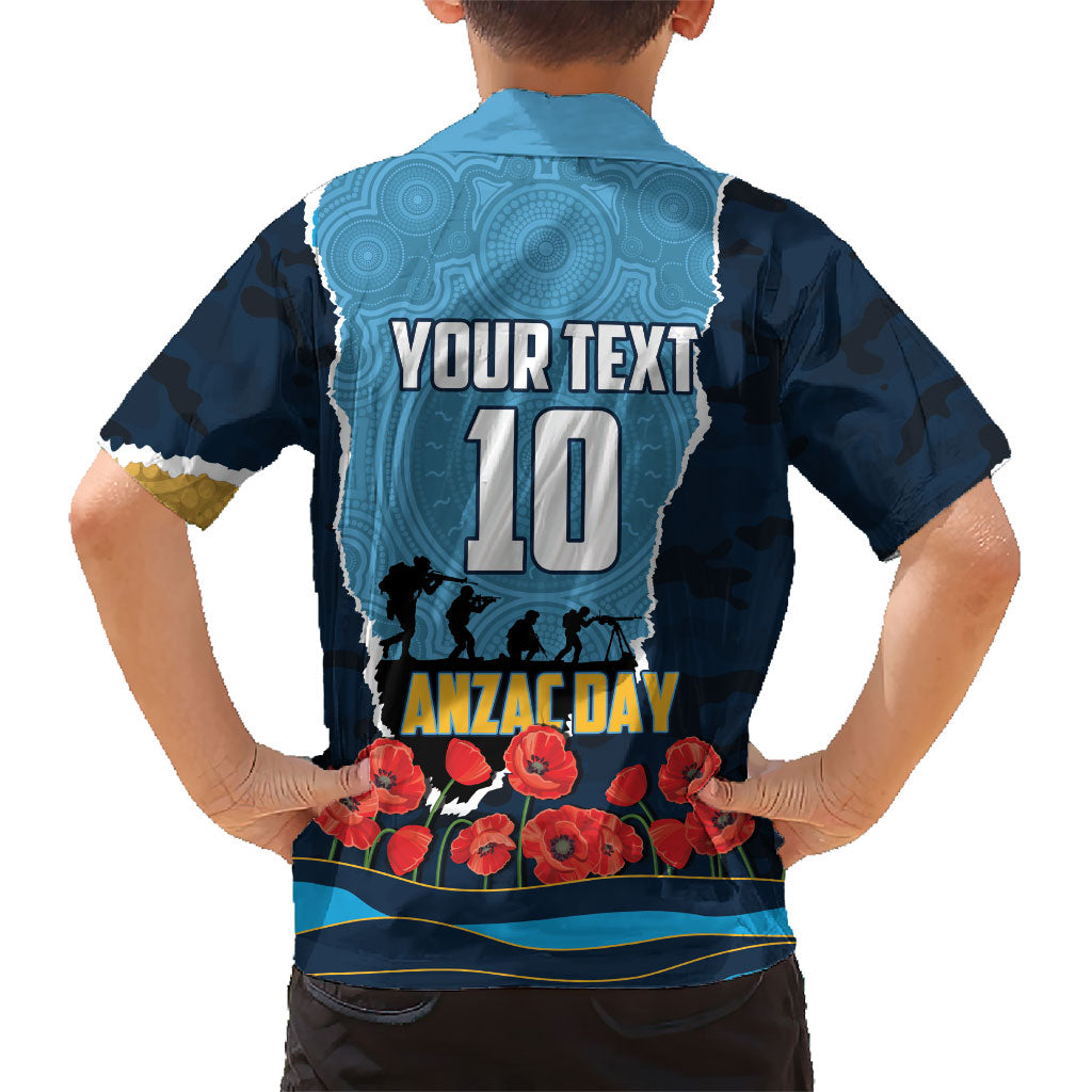 Personalized Gold Coast Titans ANZAC Tribute Kid Hawaiian Shirt Poppy Field Soldier Silhouette Aboriginal Rugby Mascot