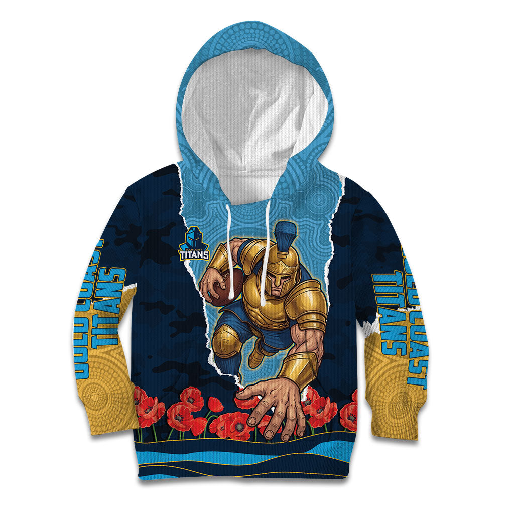 Personalized Gold Coast Titans ANZAC Tribute Kid Hoodie Poppy Field Soldier Silhouette Aboriginal Rugby Mascot