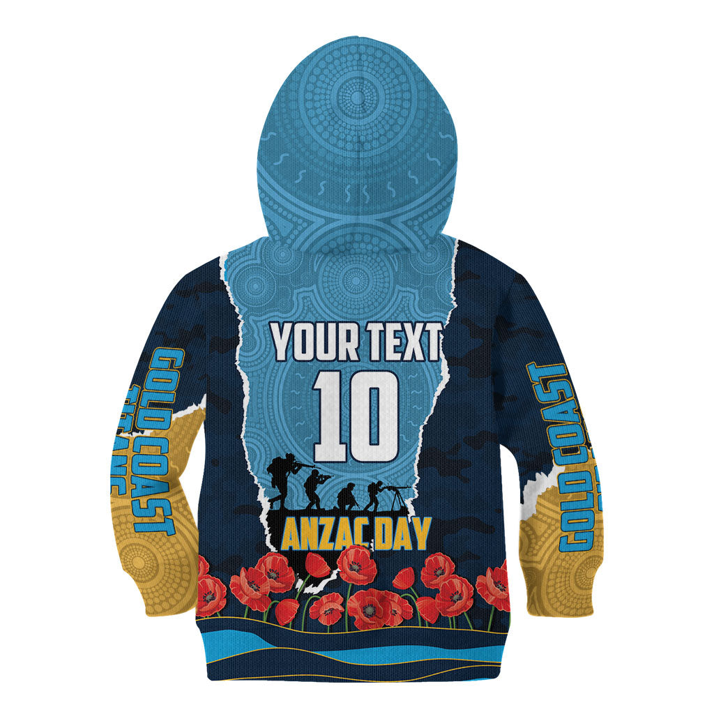 Personalized Gold Coast Titans ANZAC Tribute Kid Hoodie Poppy Field Soldier Silhouette Aboriginal Rugby Mascot