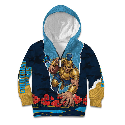 Personalized Gold Coast Titans ANZAC Tribute Kid Hoodie Poppy Field Soldier Silhouette Aboriginal Rugby Mascot