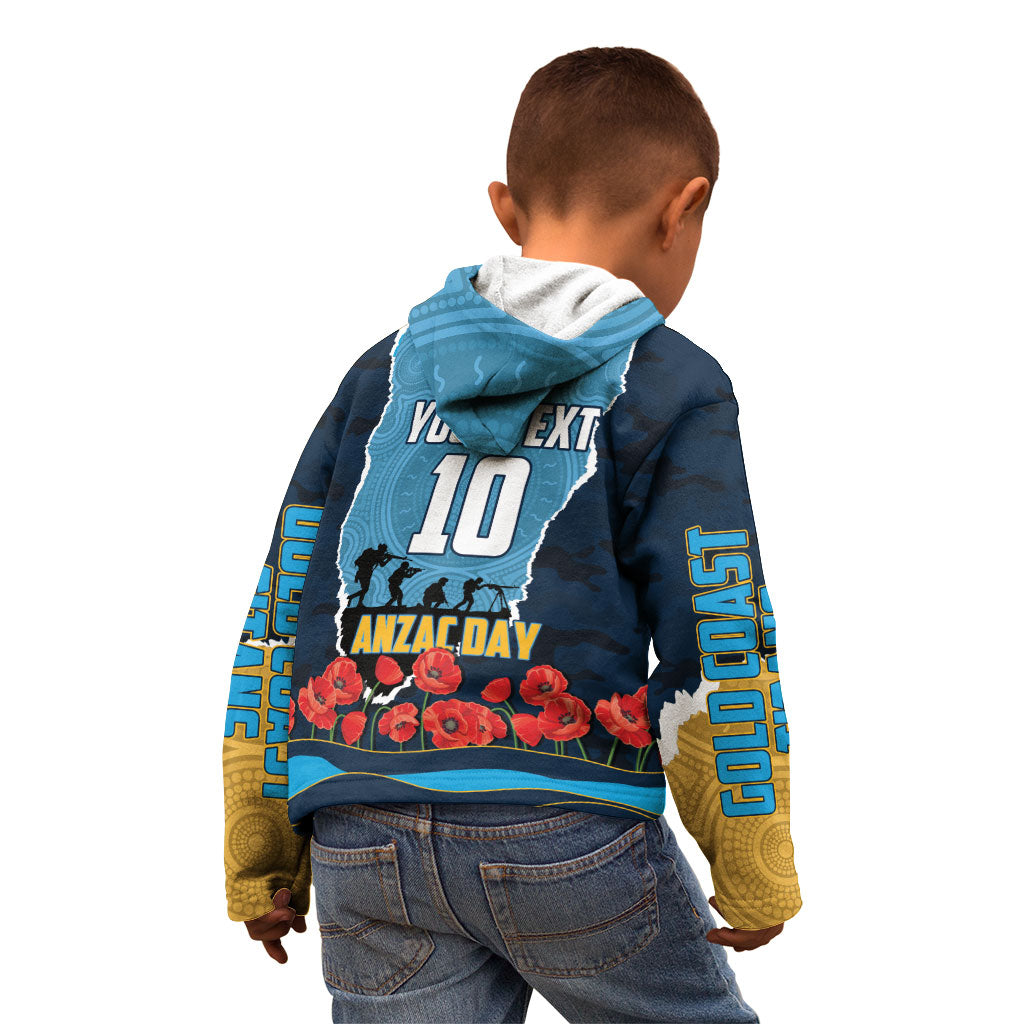 Personalized Gold Coast Titans ANZAC Tribute Kid Hoodie Poppy Field Soldier Silhouette Aboriginal Rugby Mascot