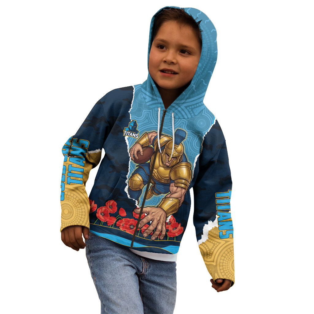 Personalized Gold Coast Titans ANZAC Tribute Kid Hoodie Poppy Field Soldier Silhouette Aboriginal Rugby Mascot