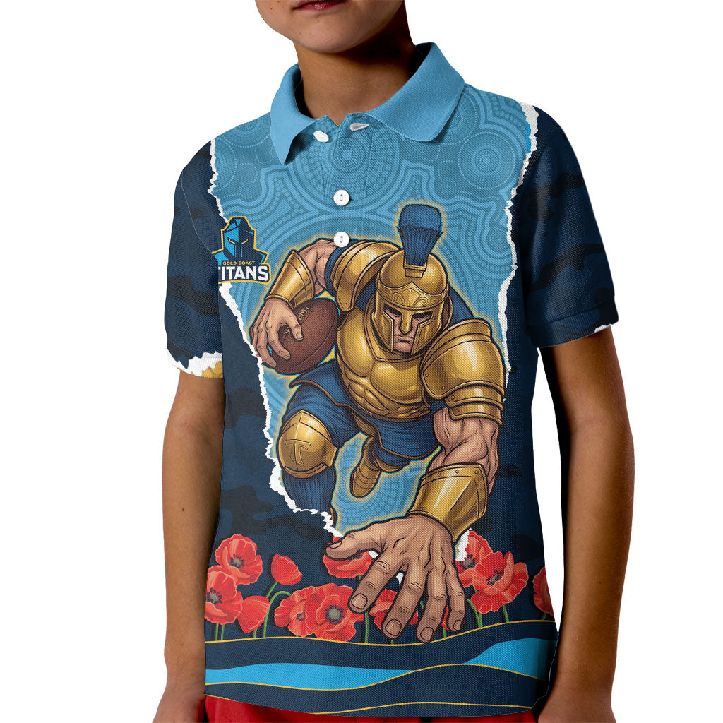 Personalized Gold Coast Titans ANZAC Tribute Kid Polo Shirt Poppy Field Soldier Silhouette Aboriginal Rugby Mascot