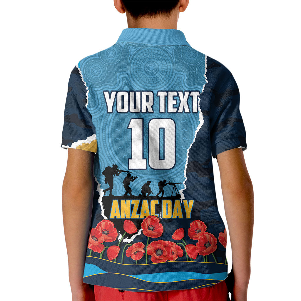 Personalized Gold Coast Titans ANZAC Tribute Kid Polo Shirt Poppy Field Soldier Silhouette Aboriginal Rugby Mascot