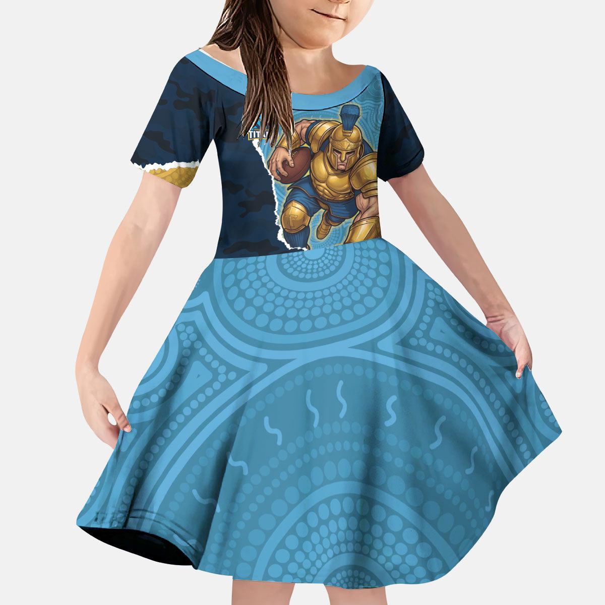 Personalized Gold Coast Titans ANZAC Tribute Kid Short Sleeve Dress Poppy Field Soldier Silhouette Aboriginal Rugby Mascot