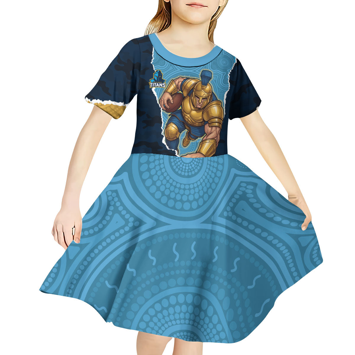 Personalized Gold Coast Titans ANZAC Tribute Kid Short Sleeve Dress Poppy Field Soldier Silhouette Aboriginal Rugby Mascot