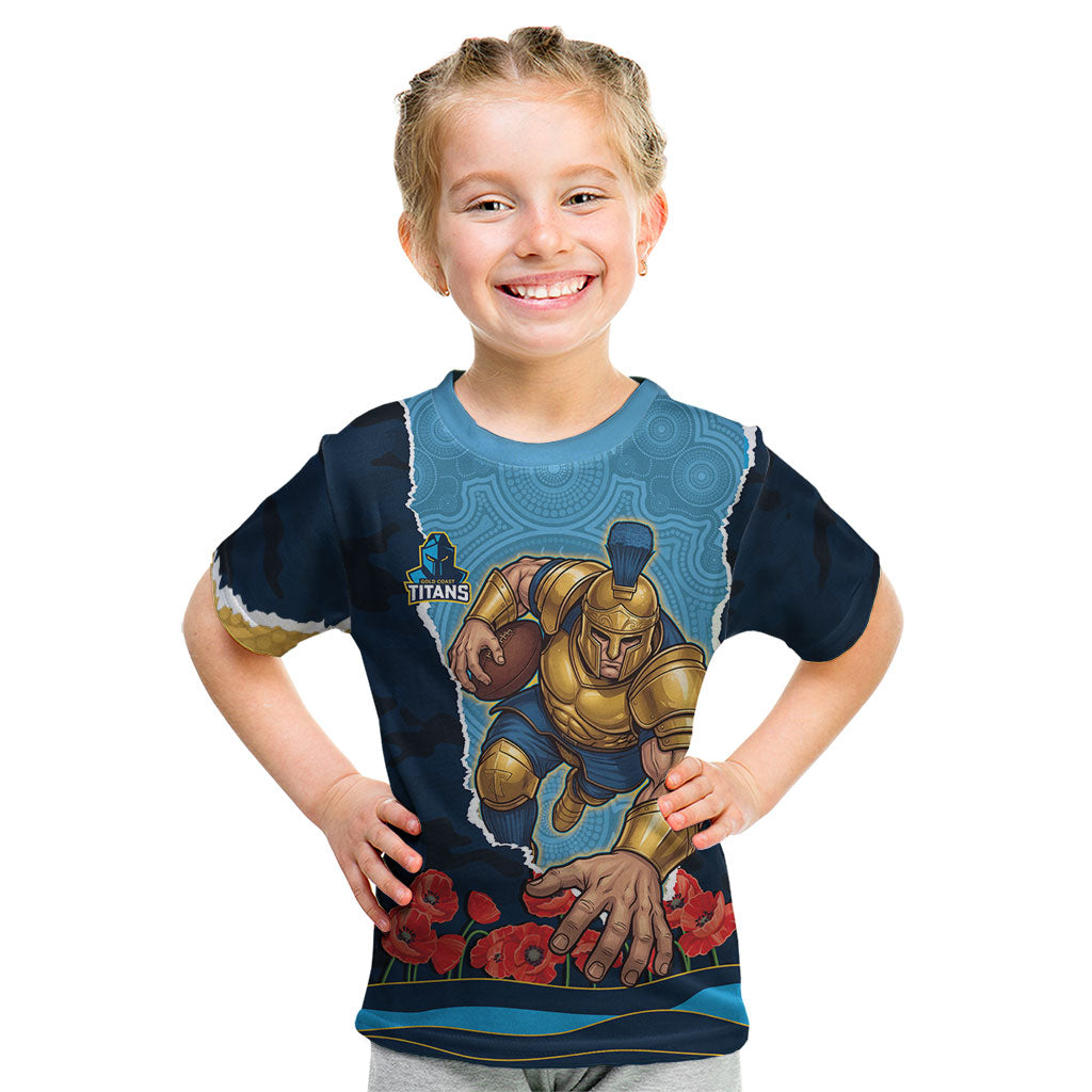 Personalized Gold Coast Titans ANZAC Tribute Kid T Shirt Poppy Field Soldier Silhouette Aboriginal Rugby Mascot