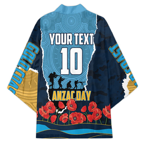 Personalized Gold Coast Titans ANZAC Tribute Kimono Poppy Field Soldier Silhouette Aboriginal Rugby Mascot