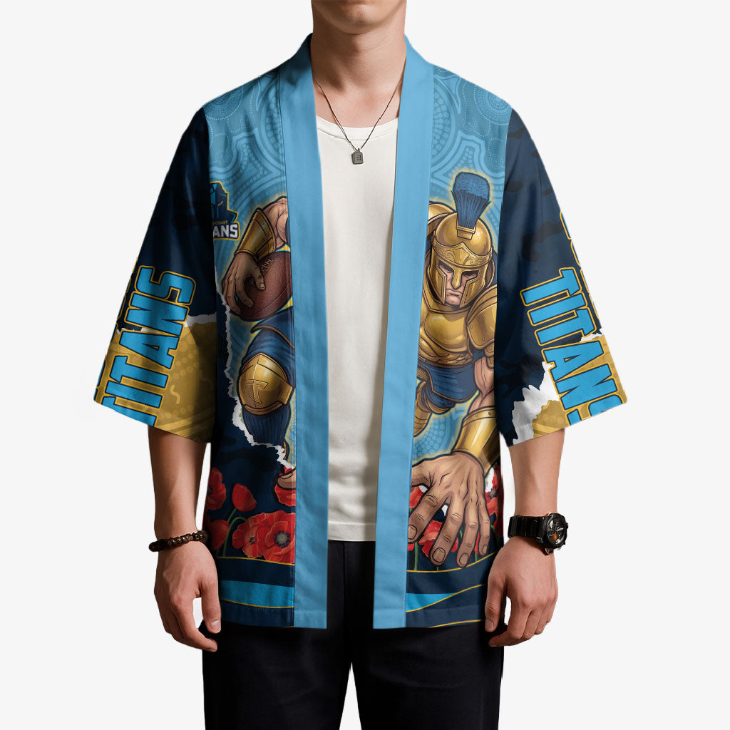 Personalized Gold Coast Titans ANZAC Tribute Kimono Poppy Field Soldier Silhouette Aboriginal Rugby Mascot