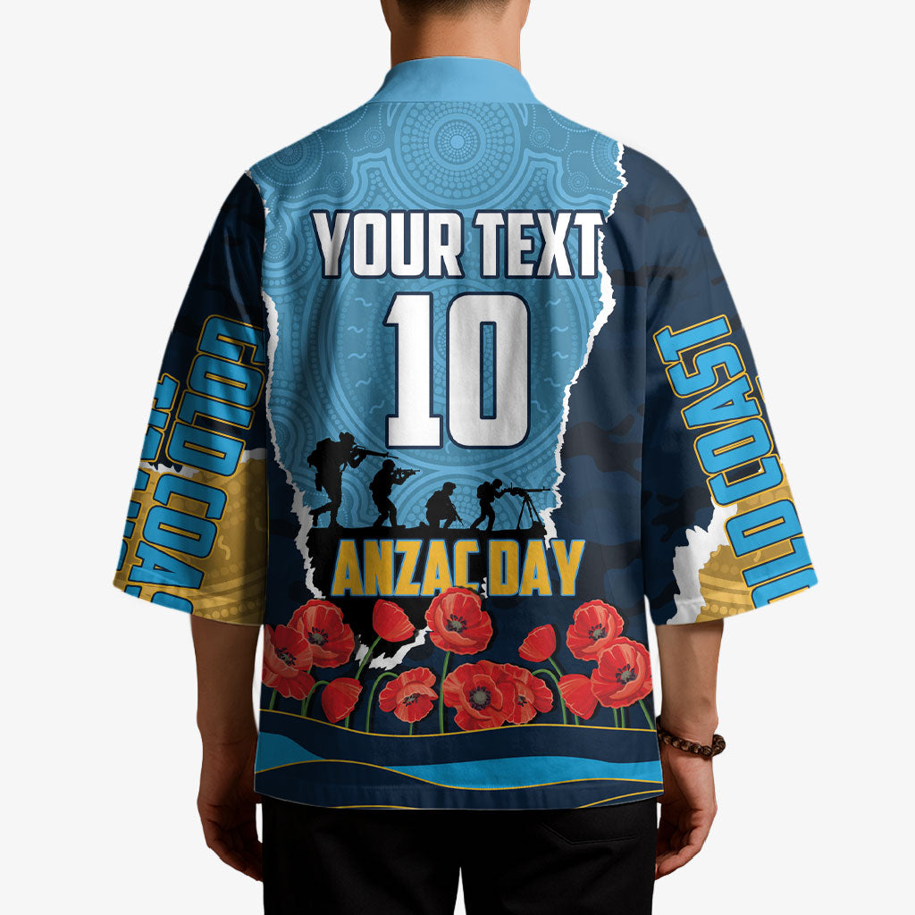 Personalized Gold Coast Titans ANZAC Tribute Kimono Poppy Field Soldier Silhouette Aboriginal Rugby Mascot