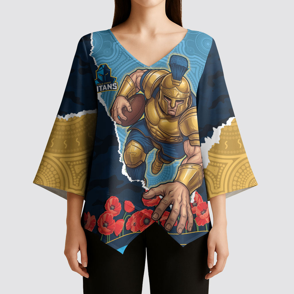 Personalized Gold Coast Titans ANZAC Tribute Kimono Sleeve Blouse Poppy Field Soldier Silhouette Aboriginal Rugby Mascot