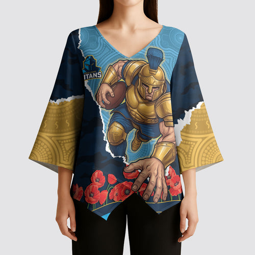 Personalized Gold Coast Titans ANZAC Tribute Kimono Sleeve Blouse Poppy Field Soldier Silhouette Aboriginal Rugby Mascot