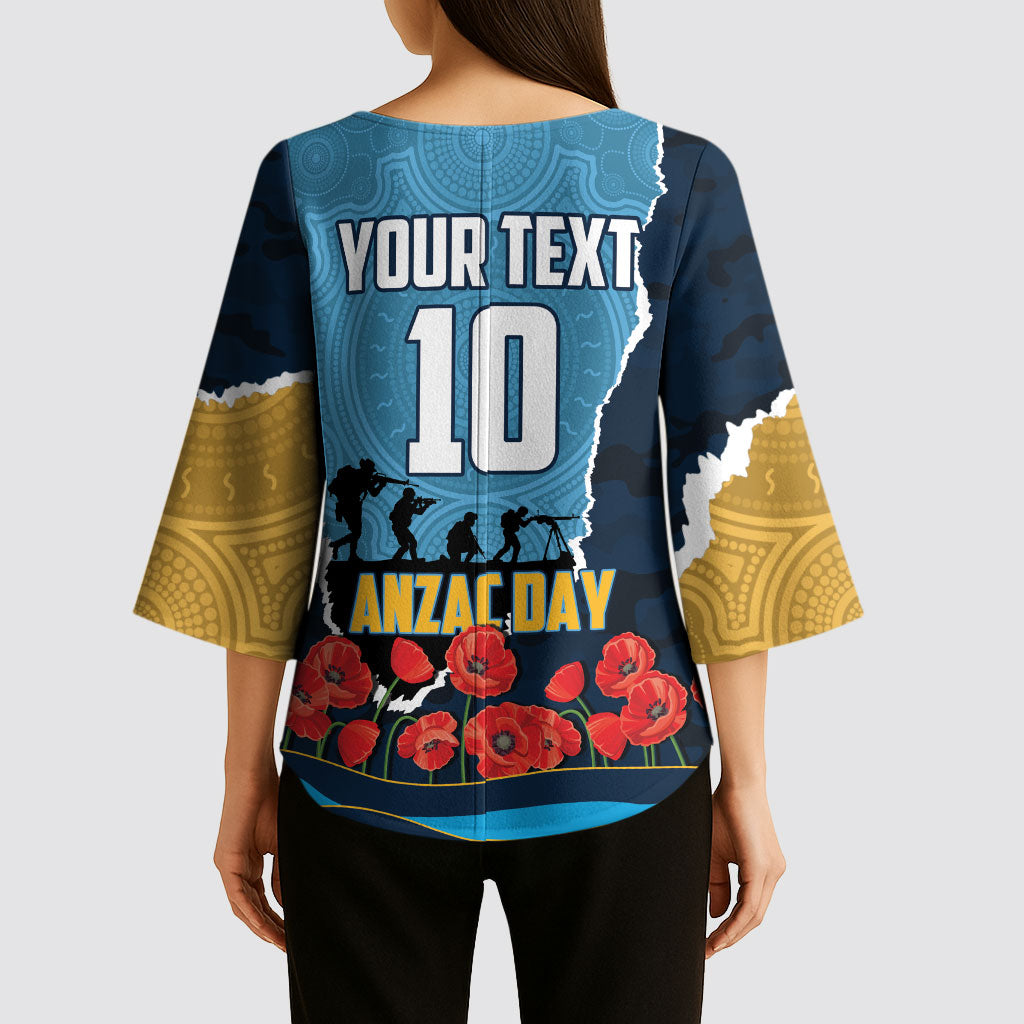 Personalized Gold Coast Titans ANZAC Tribute Kimono Sleeve Blouse Poppy Field Soldier Silhouette Aboriginal Rugby Mascot