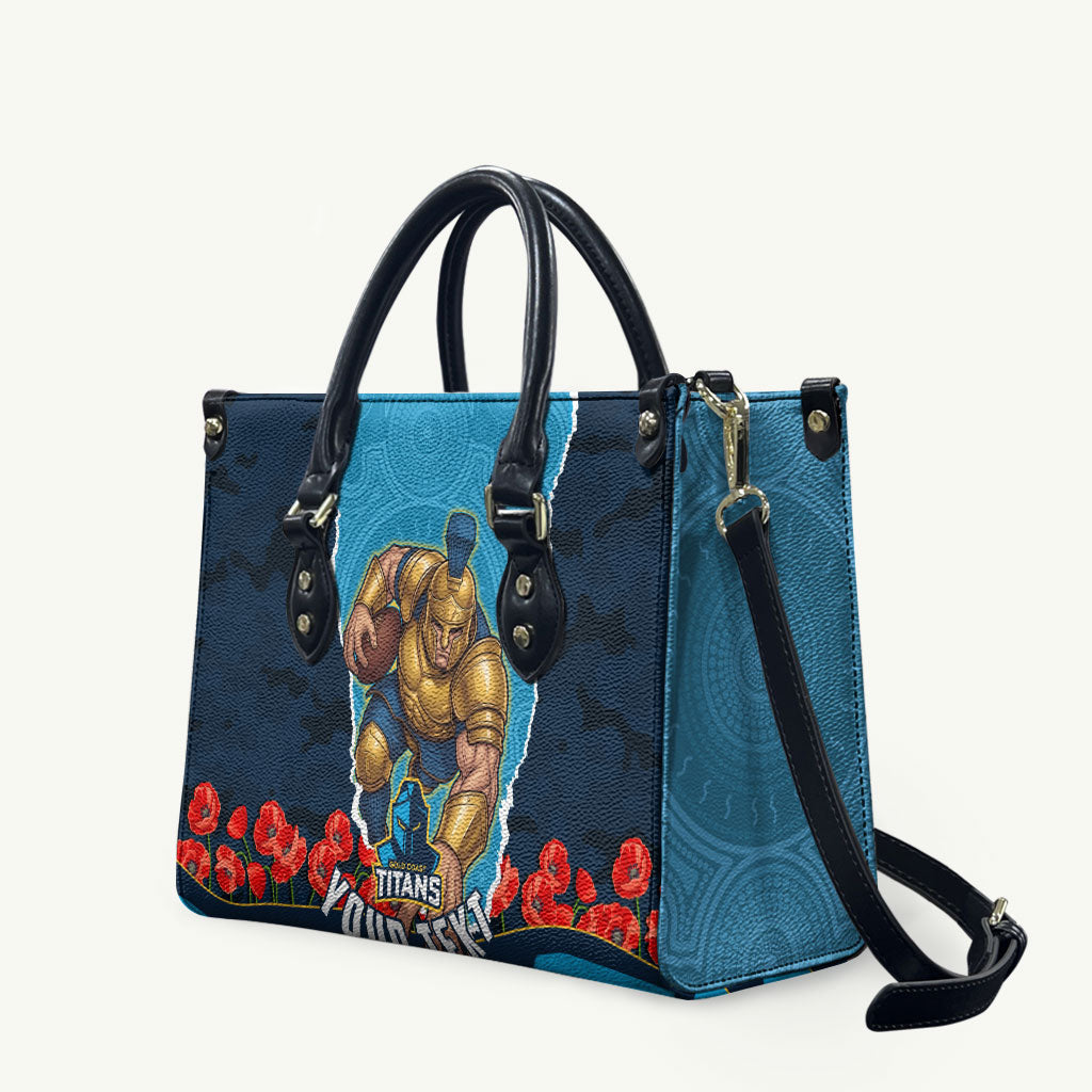 Personalized Gold Coast Titans ANZAC Tribute Leather Bag Poppy Field Soldier Silhouette Aboriginal Rugby Mascot