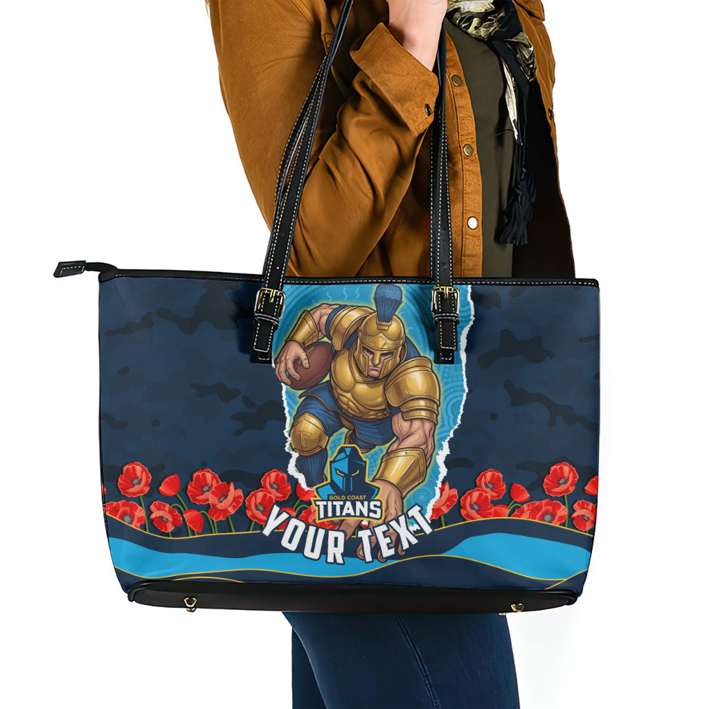 Personalized Gold Coast Titans ANZAC Tribute Leather Tote Bag Poppy Field Soldier Silhouette Aboriginal Rugby Mascot