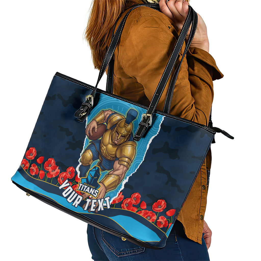 Personalized Gold Coast Titans ANZAC Tribute Leather Tote Bag Poppy Field Soldier Silhouette Aboriginal Rugby Mascot