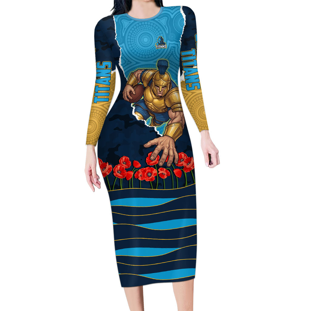 Personalized Gold Coast Titans ANZAC Tribute Long Sleeve Bodycon Dress Poppy Field Soldier Silhouette Aboriginal Rugby Mascot