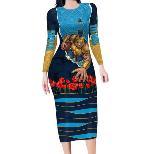 Personalized Gold Coast Titans ANZAC Tribute Long Sleeve Bodycon Dress Poppy Field Soldier Silhouette Aboriginal Rugby Mascot