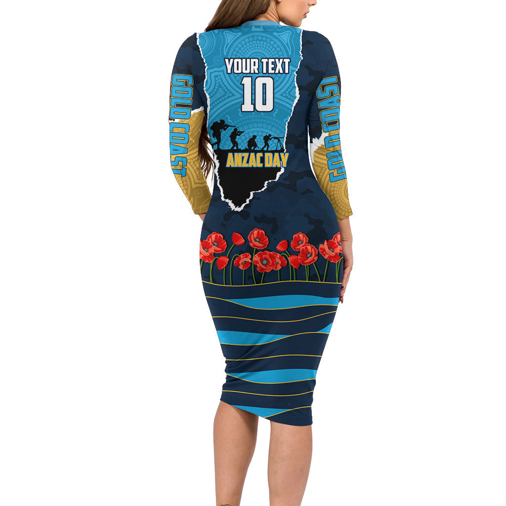 Personalized Gold Coast Titans ANZAC Tribute Long Sleeve Bodycon Dress Poppy Field Soldier Silhouette Aboriginal Rugby Mascot