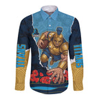 Personalized Gold Coast Titans ANZAC Tribute Long Sleeve Button Shirt Poppy Field Soldier Silhouette Aboriginal Rugby Mascot